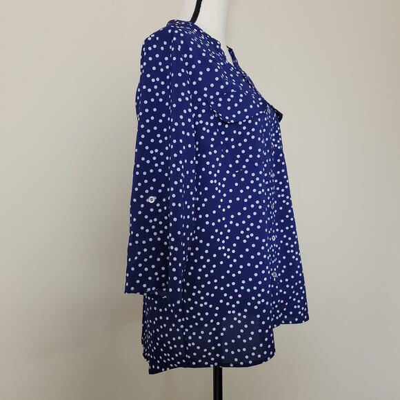 Notations L Tunic Top 3/4 Roll Tab Sleeve Stand Up V-Neck Polka Dot bBouse - Picture 5 of 15